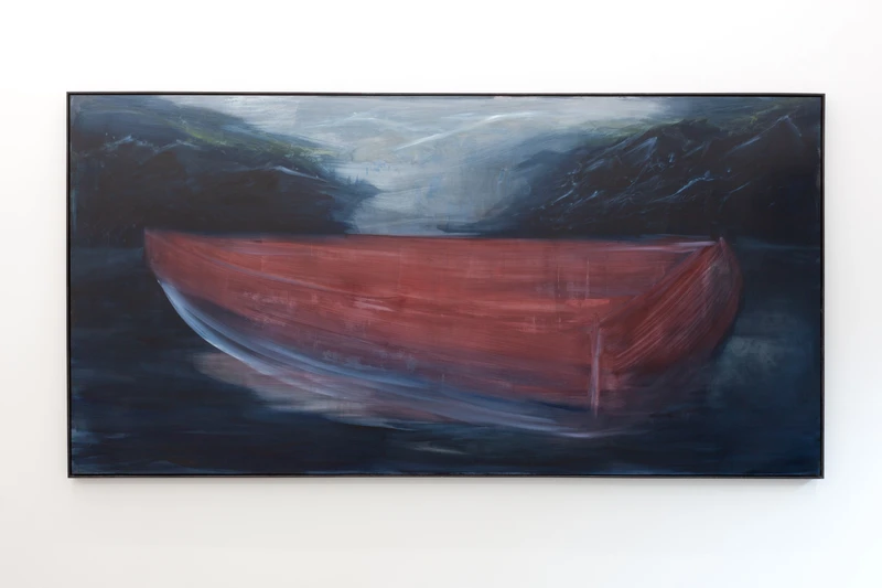 A painting depicting a boat displayed on a wall, enclosed in a picture frame. The artwork features modern art styles with acrylic paint and sketch-like elements.