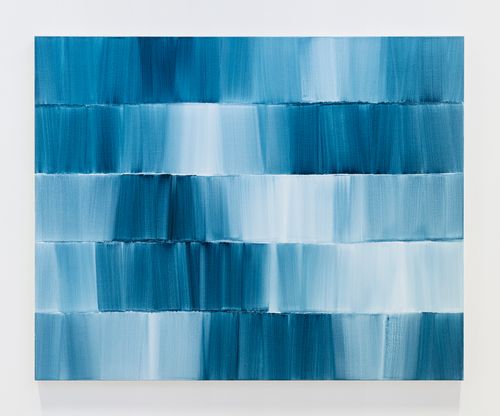 A blue and white abstract painting featuring a mix of shades including aqua, turquoise, and teal in a rectangular format.