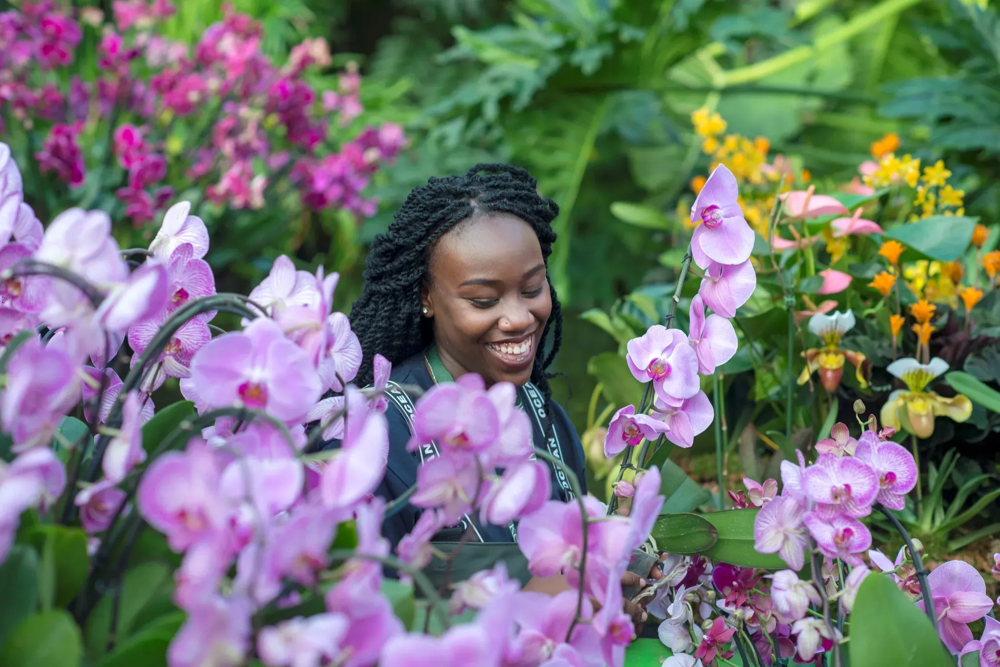 A woman stands in a garden surrounded by vibrant purple flowers.