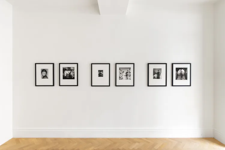 A collection of framed pictures arranged on a wall, showcasing various artworks in an indoor gallery setting.