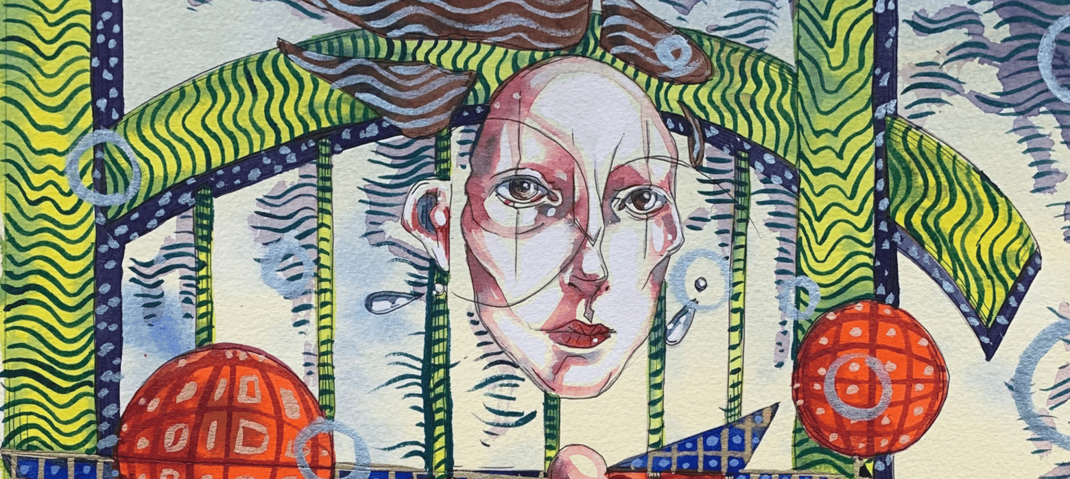 A painting depicting a man's face with expressive features, showcasing artistic details and techniques.