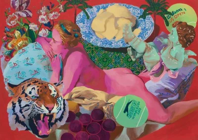 Alt text: A colorful painting depicting a woman reclining on a table adorned with food, while a tiger rests nearby. The scene is vibrant and includes various flowers, showcasing an artistic blend of elements.