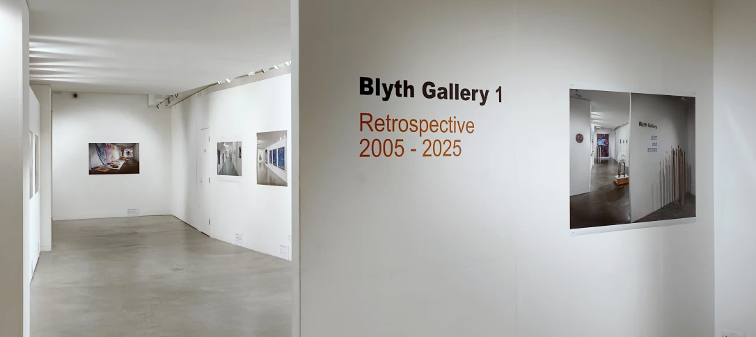 Interior view of Blyth Gallery 1, showcasing a retrospective exhibition from 2005 to 2025, with artwork displayed on white walls.