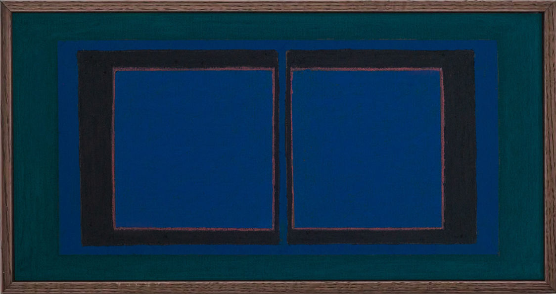 A minimalist artwork featuring two rectangular shapes in deep blue, surrounded by black and framed in wood, set against a green background.