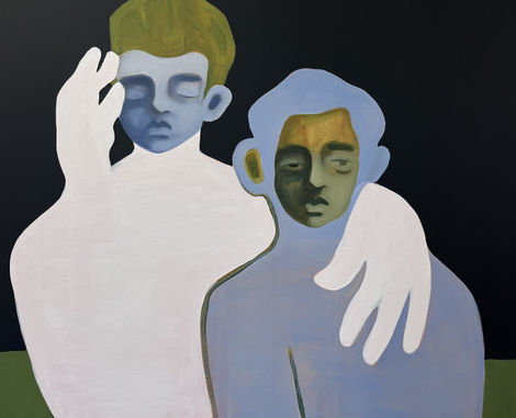 Two abstract figures embrace, with soft colors and minimalist style against a dark background, conveying a sense of intimacy and connection.