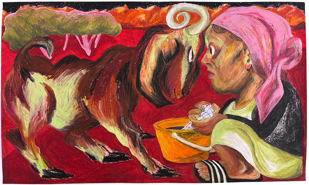 A vibrant artwork depicting a woman in traditional attire interacting with a goat while holding a bucket, set against a colorful landscape.