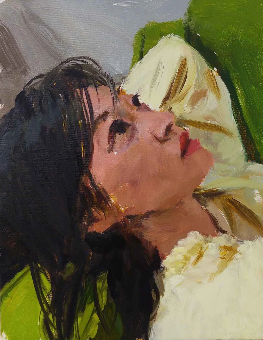 A portrait of a woman lying down, gazing upward with her head tilted slightly. She has dark hair and is wearing a light-colored garment, surrounded by green fabric. The background appears abstract with hints of gray and more muted colors.