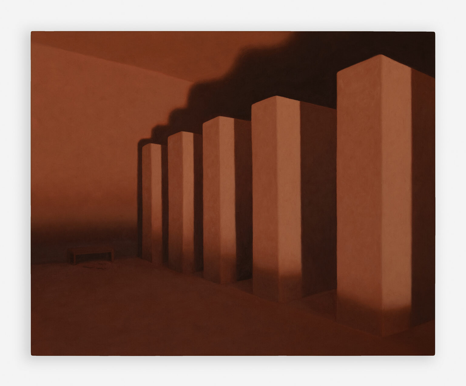 Abstract composition featuring tall, rectangular columns against a shadowy background, with a warm reddish-brown color palette.