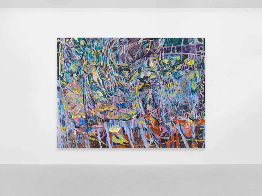 An abstract painting featuring vibrant colors and chaotic, swirling patterns.