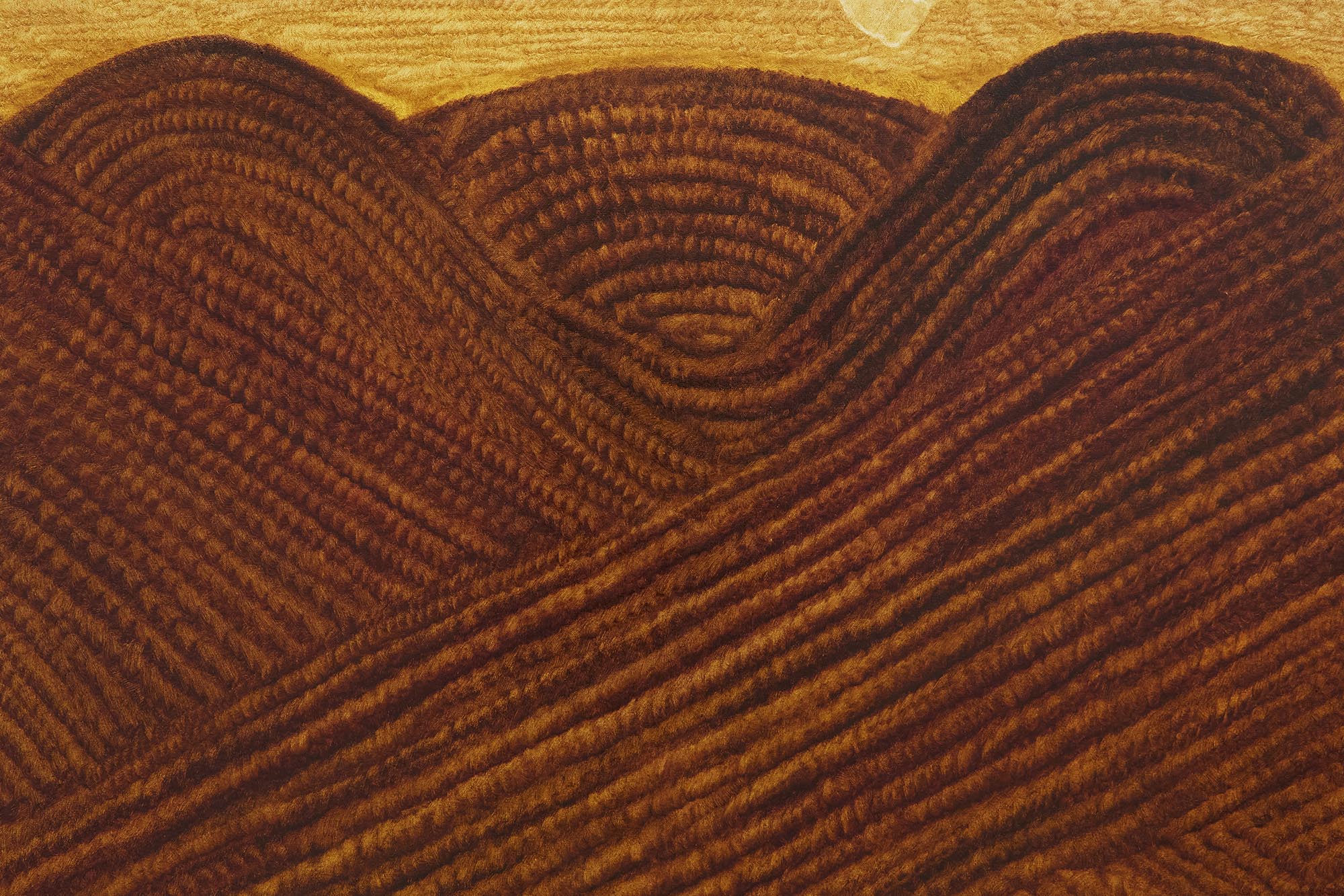 A textured artwork depicting stylized, wavy hills or mountains in warm reddish-brown tones.