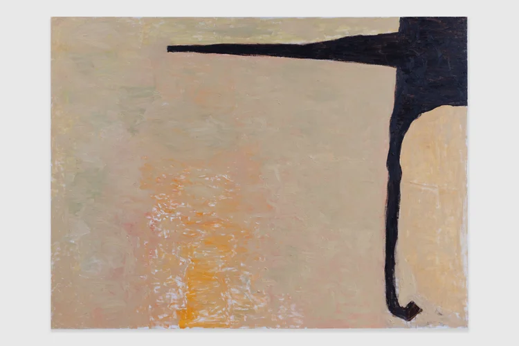 Abstract painting with a black elongated shape against a soft beige background, featuring hints of orange.