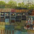 A colorful, abstract painting depicting a roadside scene with various geometric shapes and textures, suggesting buildings and trees in the background.