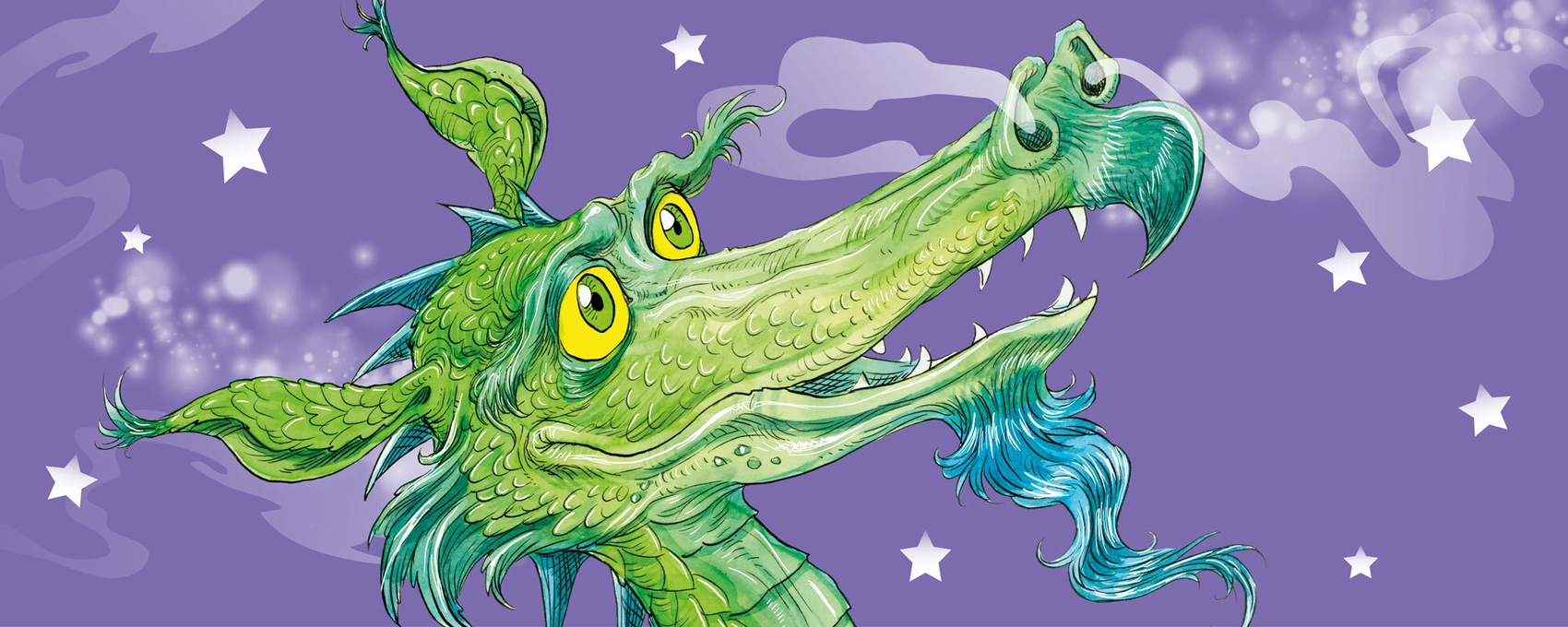 A whimsical dragon with bright green scales, large yellow eyes, and a blue beard against a purple background sprinkled with stars.