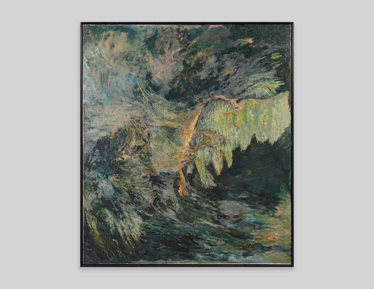 Abstract painting with swirling green, blue, and black colors, suggesting a sense of movement and fluidity.