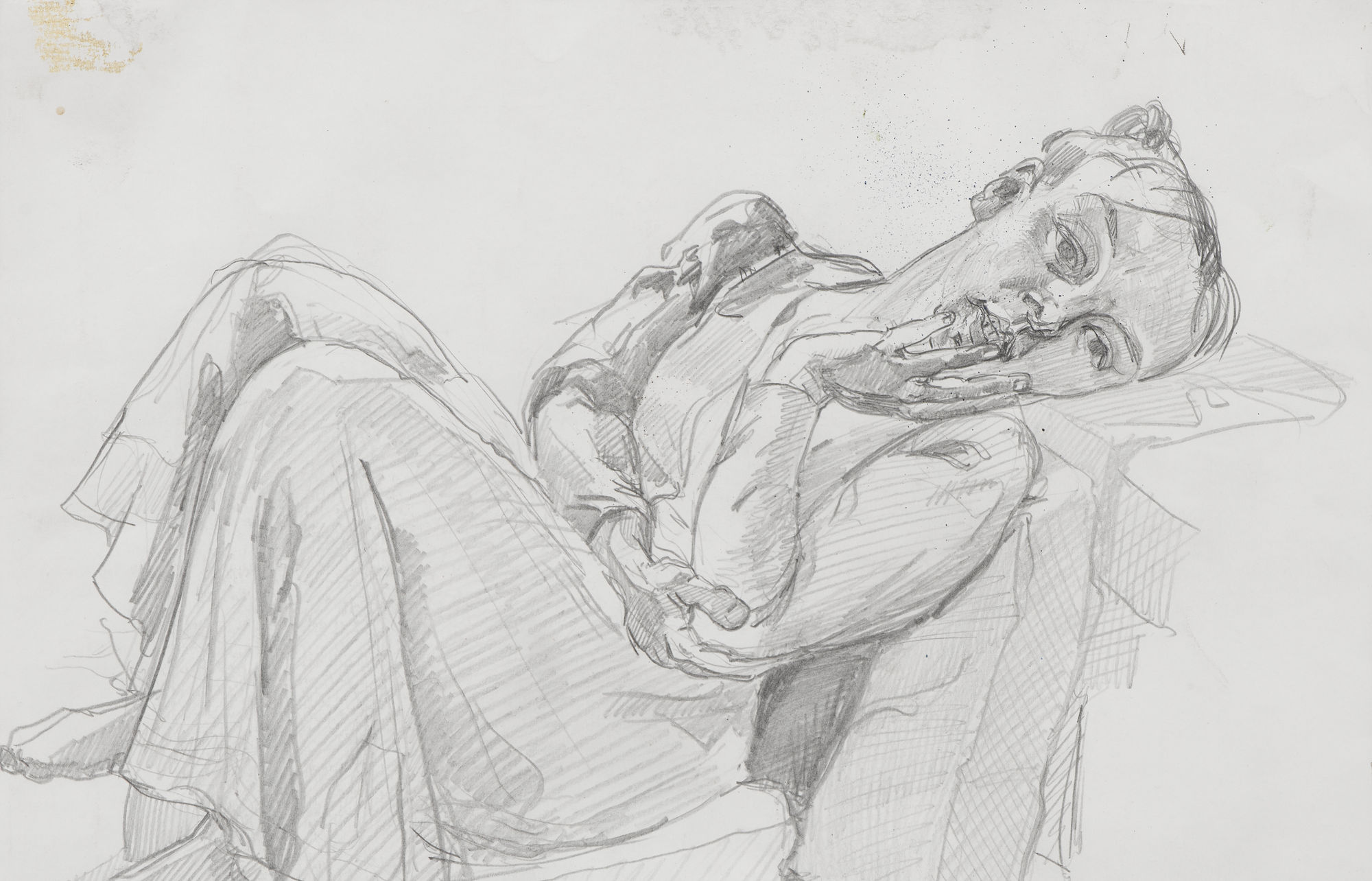 A pencil sketch of a woman reclining with her head resting on her hand, dressed in a simple dress. | 2026 Victoria Miro