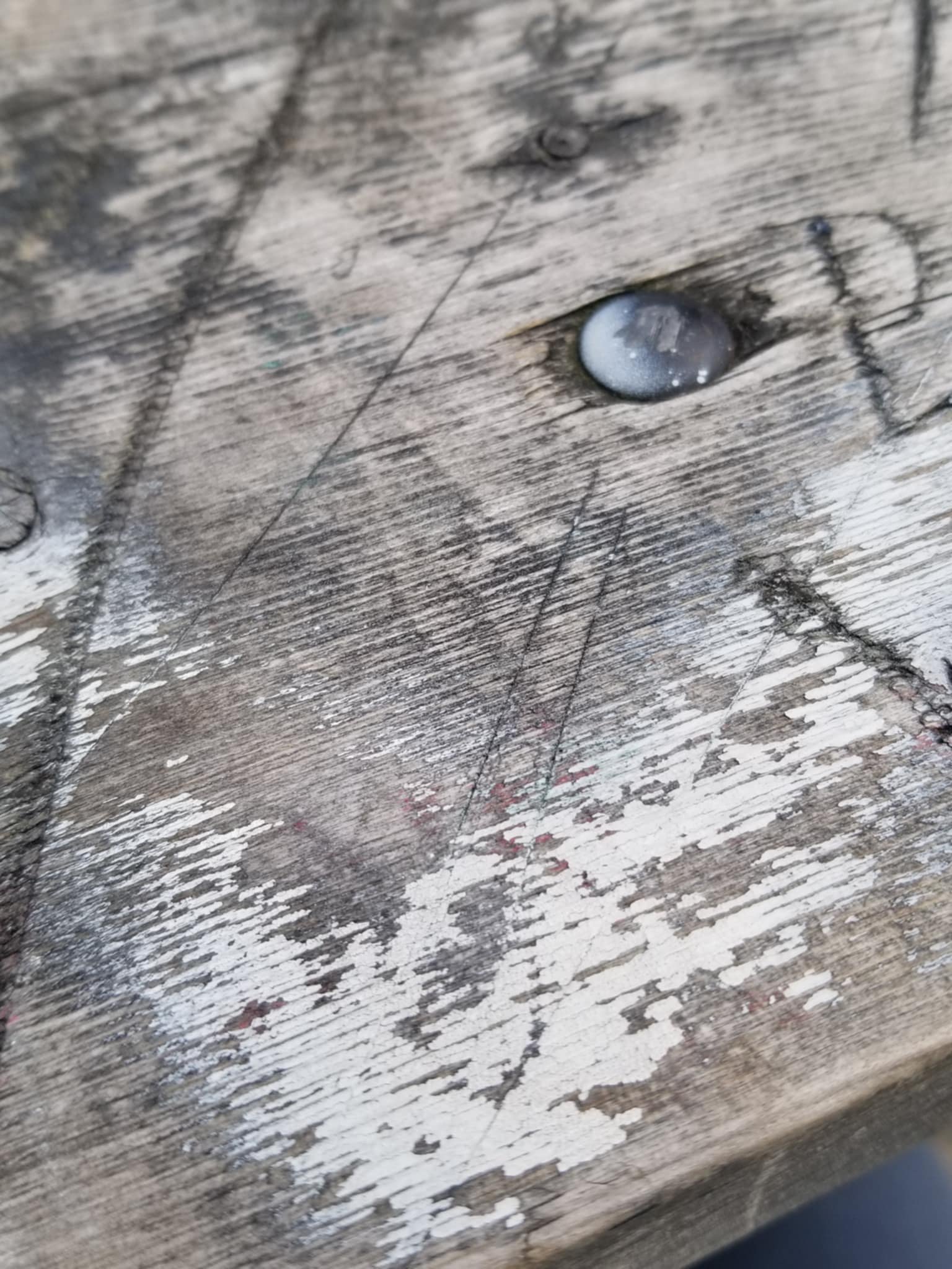 A close-up of weathered wooden surface with scratches and a small round object embedded in it.