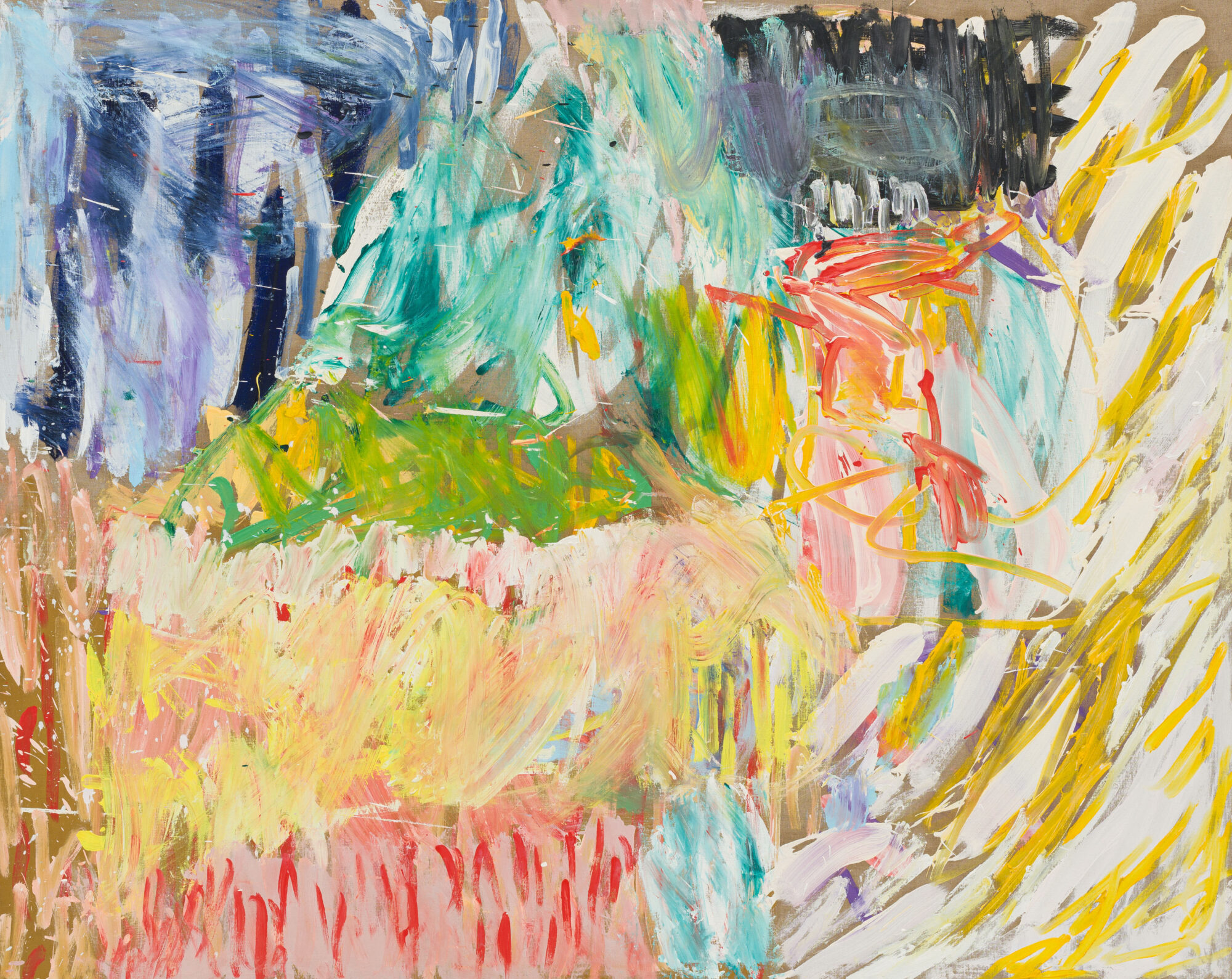 Abstract painting featuring a blend of vibrant colors, including greens, yellows, pinks, and blues, with dynamic brush strokes and layers creating an energetic composition.
