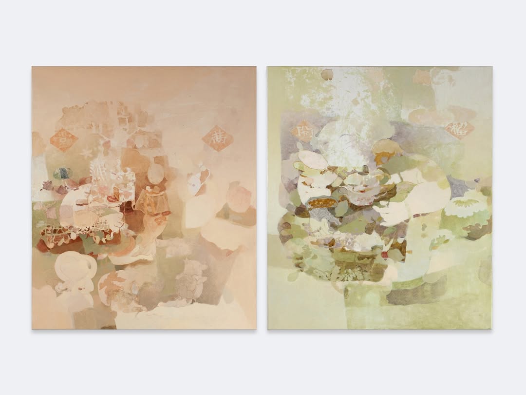 Two abstract artworks featuring soft, muted colors and fragmented shapes. The left piece contains blurred figures and patterns, while the right piece depicts aquatic elements like lily pads and fish in a hazy, dreamlike composition.