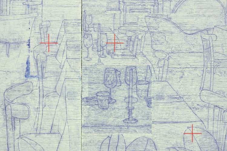 A light blue sketch of a restaurant scene with tables, chairs, glasses, and cutlery, featuring red cross marks in certain areas.