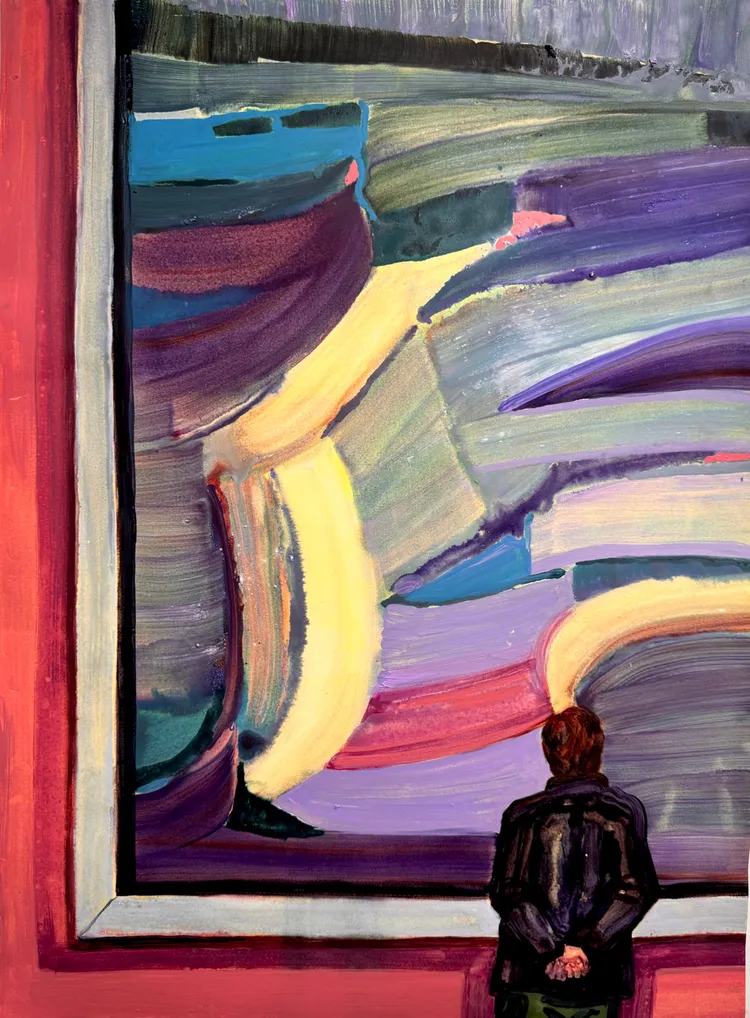 A person standing in front of an abstract painting with vibrant colors and sweeping brushstrokes.