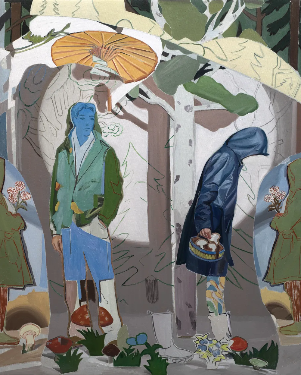 A colorful, abstract illustration of two figures in a forest setting, one standing confidently and the other hunched over, both dressed in casual clothing with visible patterns. There are various natural elements like trees and flowers integrated into the artwork. | 2026 BEERS London