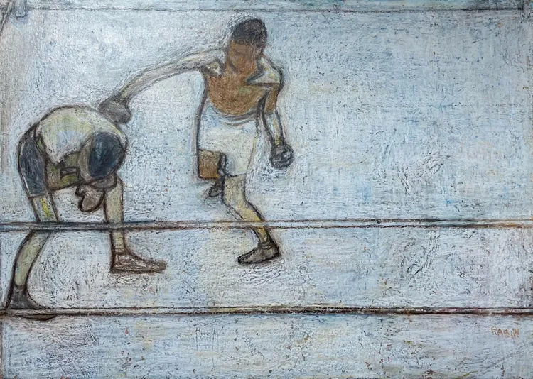 A painting depicting two boxers in a ring, one fighter delivering a punch while the other bends down, with an emphasis on their movements and the surrounding atmosphere.