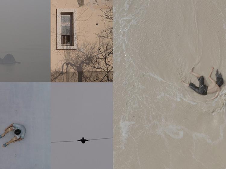 A collage featuring four images: a figure in a foggy landscape, a window on a building with bare branches, someone sitting or lying on the ground in an open space, and two figures playing or swimming in water.