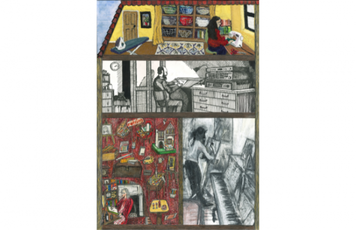 A multi-panel illustration depicting different scenes: the top panel shows a woman reading in a cozy room filled with books; the second panel features a person sitting at a desk, studying; the third panel illustrates someone surrounded by various objects, including a television and clutter; the bottom panel portrays another figure playing piano in an artistic setting.