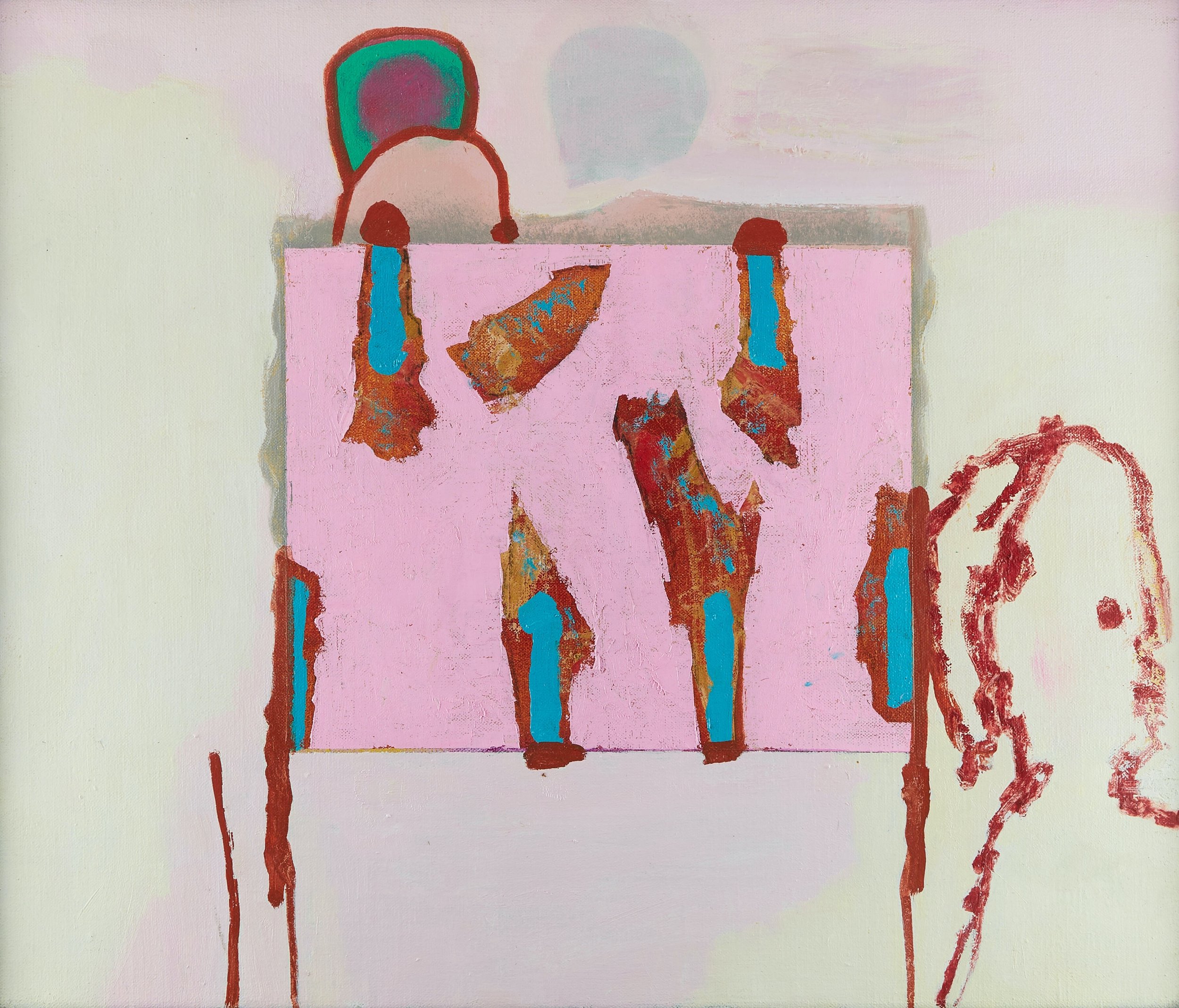 A painting featuring a pink background with abstract shapes and colors, including blue and brown elements, along with what appears to be a figure or outline on the right side.