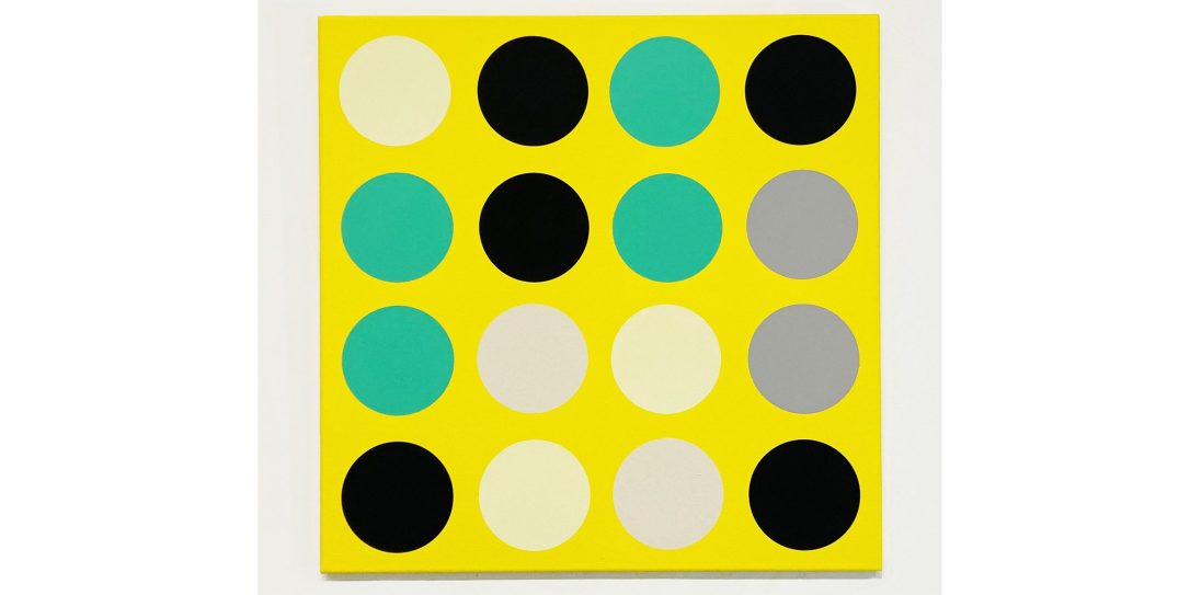 A square artwork featuring a grid of circles in various colors, including teal, black, white, and gray, set against a bright yellow background.