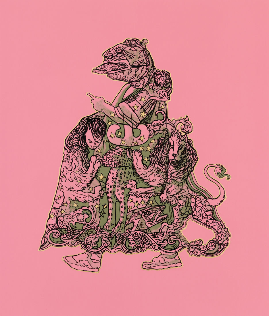 A stylized illustration featuring a figure with animal motifs, surrounded by two lions, on a pink background. The figure appears to be holding something and is adorned in clothing with intricate patterns.