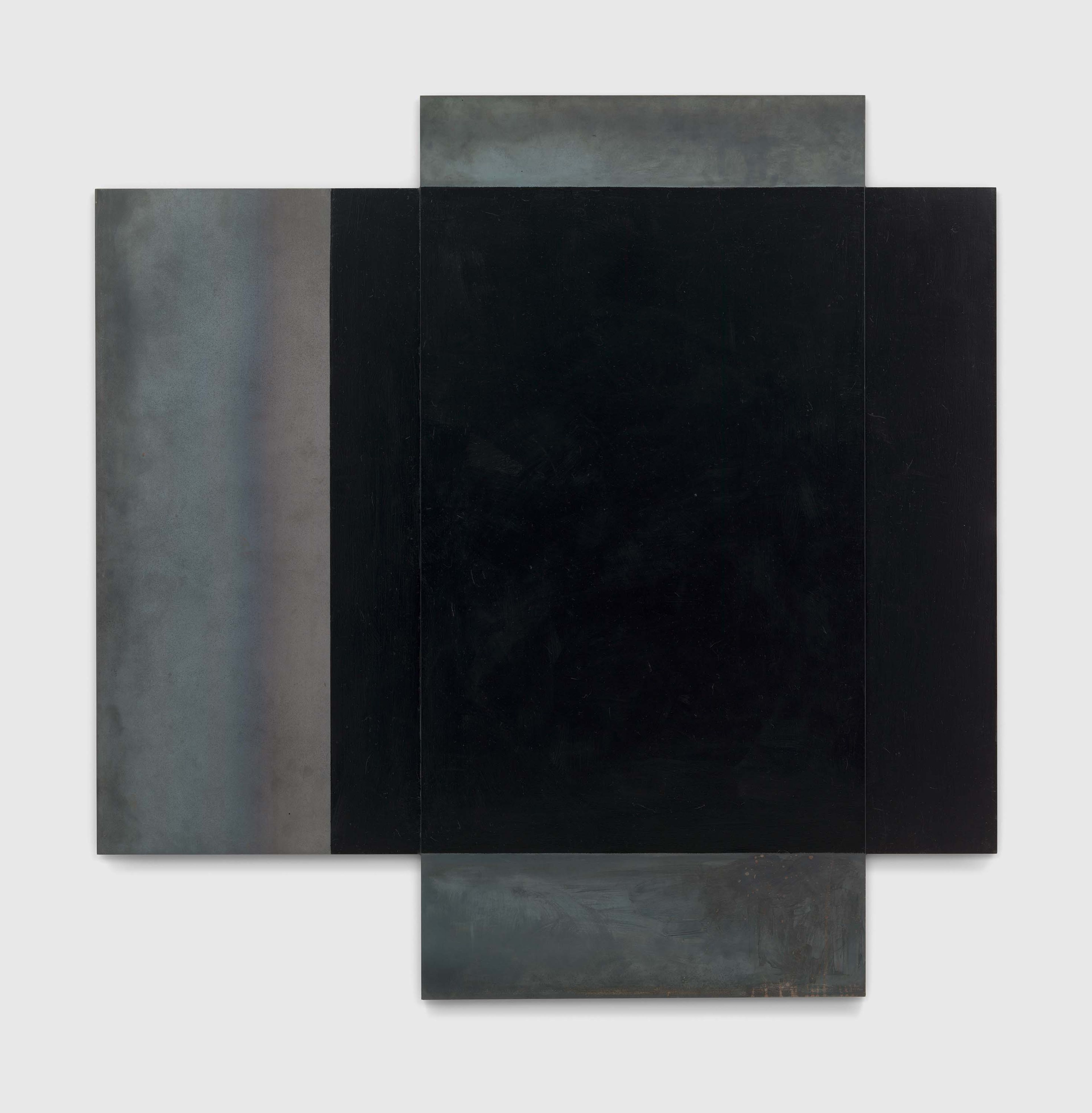 Abstract artwork featuring a series of rectangles in varying shades of black and gray, arranged to create a layered effect.