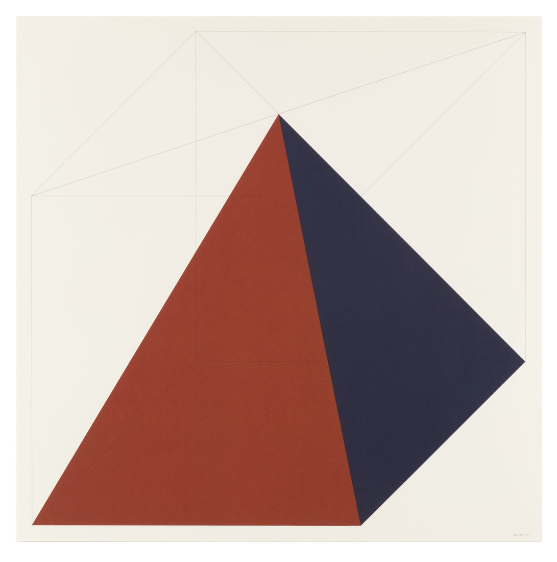 An abstract geometric composition featuring a red triangular shape and a dark blue triangular shape, set against a light beige background.