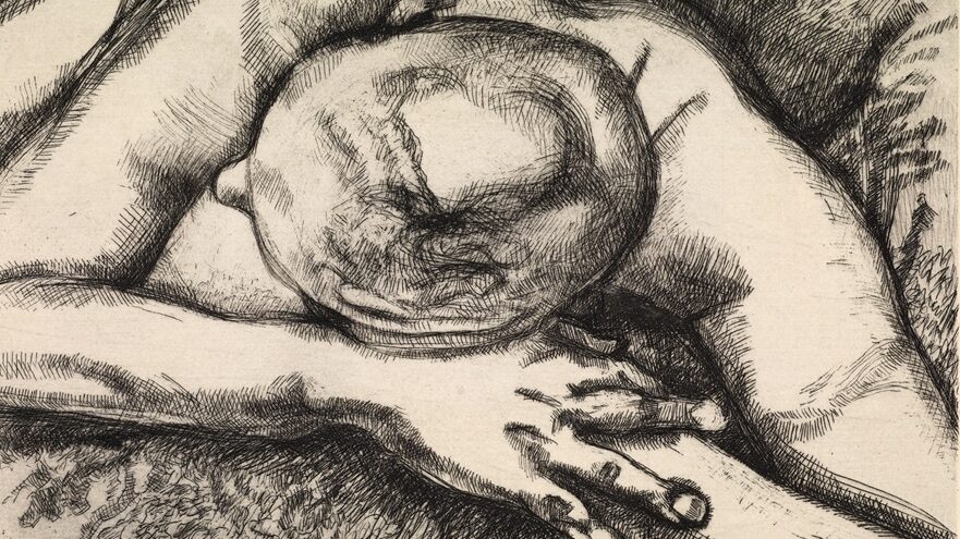 A close-up view of a person's head resting on their arms, with prominent features and expressive lines. The artwork exhibits detailed textures and shading, conveying a sense of introspection or emotion.