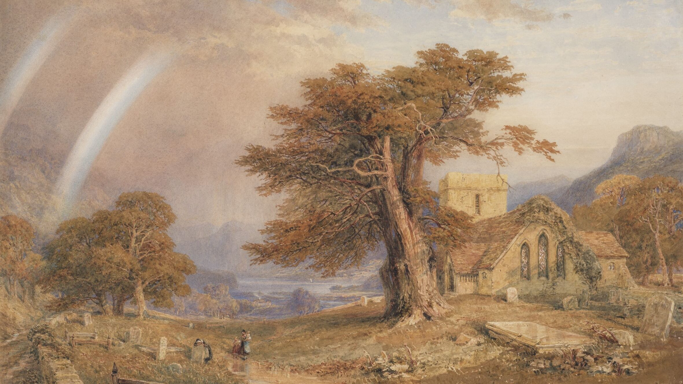 A scenic landscape featuring a church ruin and a large tree, with rolling hills in the background and two rainbows arching across the sky. The foreground includes gravestones and people walking through the natural setting, which is characterized by trees with autumn foliage.