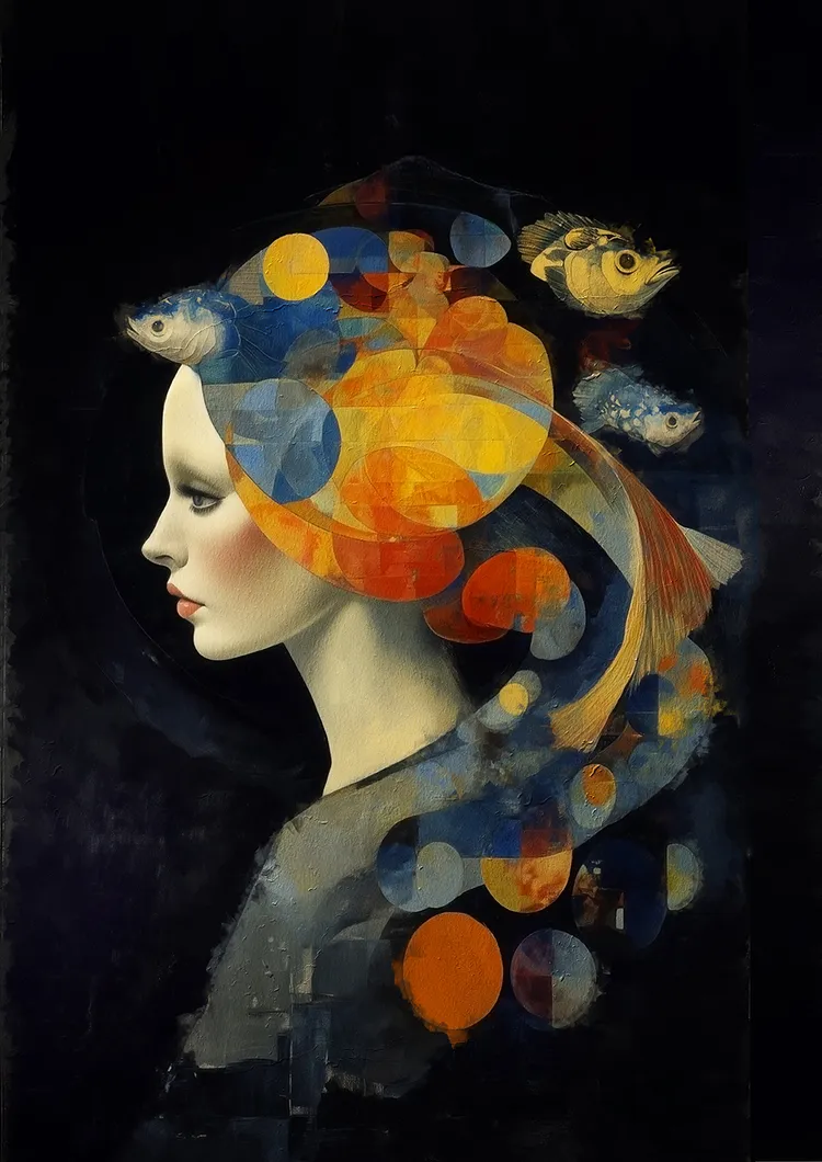 A stylized profile of a woman with flowing hair, adorned with colorful circles and fish. The background is dark, highlighting the vibrant colors in her hair and the figures around her. | 2026 Cynthia Corbett Gallery