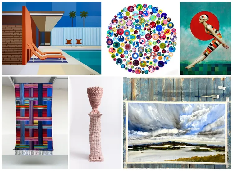 A collage of various artworks including a poolside scene, a colorful dot pattern, a figure swimming, a woven textile hanging, a sculpture made from woven materials, and an abstract landscape painting. | 2026 Cynthia Corbett Gallery