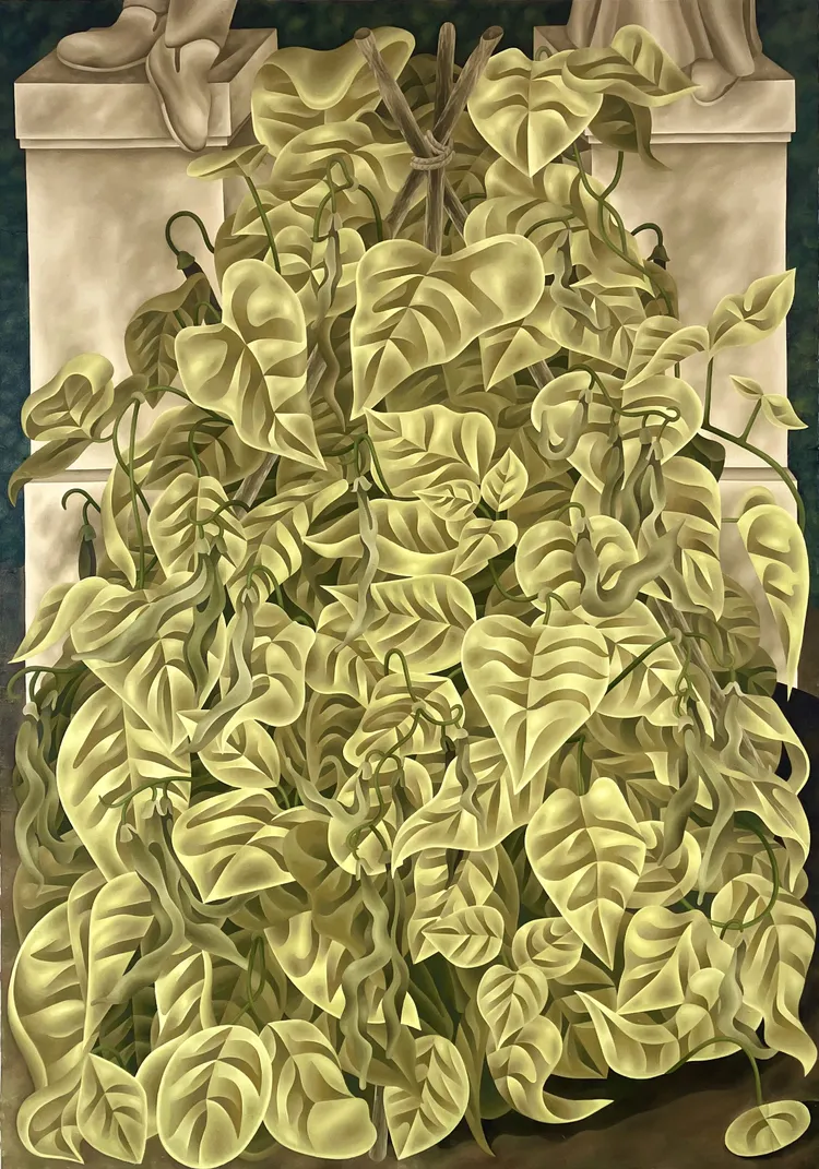 A lush, dense arrangement of green and yellow leaves resembling a plant, depicted in a realistic style with muted background colors.