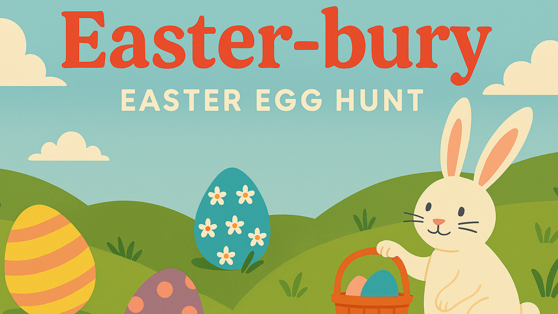 A colorful illustration featuring a cartoon bunny holding a basket and surrounded by decorated Easter eggs, with the text "Easter-bury EASTER EGG HUNT" at the top.