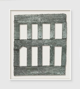 A textured artwork featuring a series of rectangular and arched cut-outs arranged within a geometric frame, displayed in a white frame against a light background.