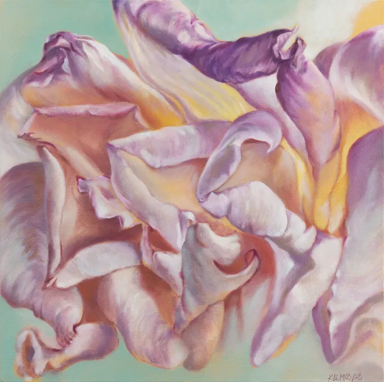 A close-up, abstract painting of soft pink and purple petals with a light background, showcasing flowing curves and delicate textures.
