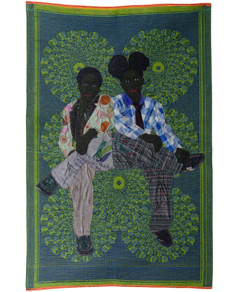 Two figures sitting together, depicted in an artistic style with vibrant colors and patterns. They are portrayed with dark skin tones, wearing distinct clothing that combines various patterns and styles, surrounded by a green circular design in the background.
