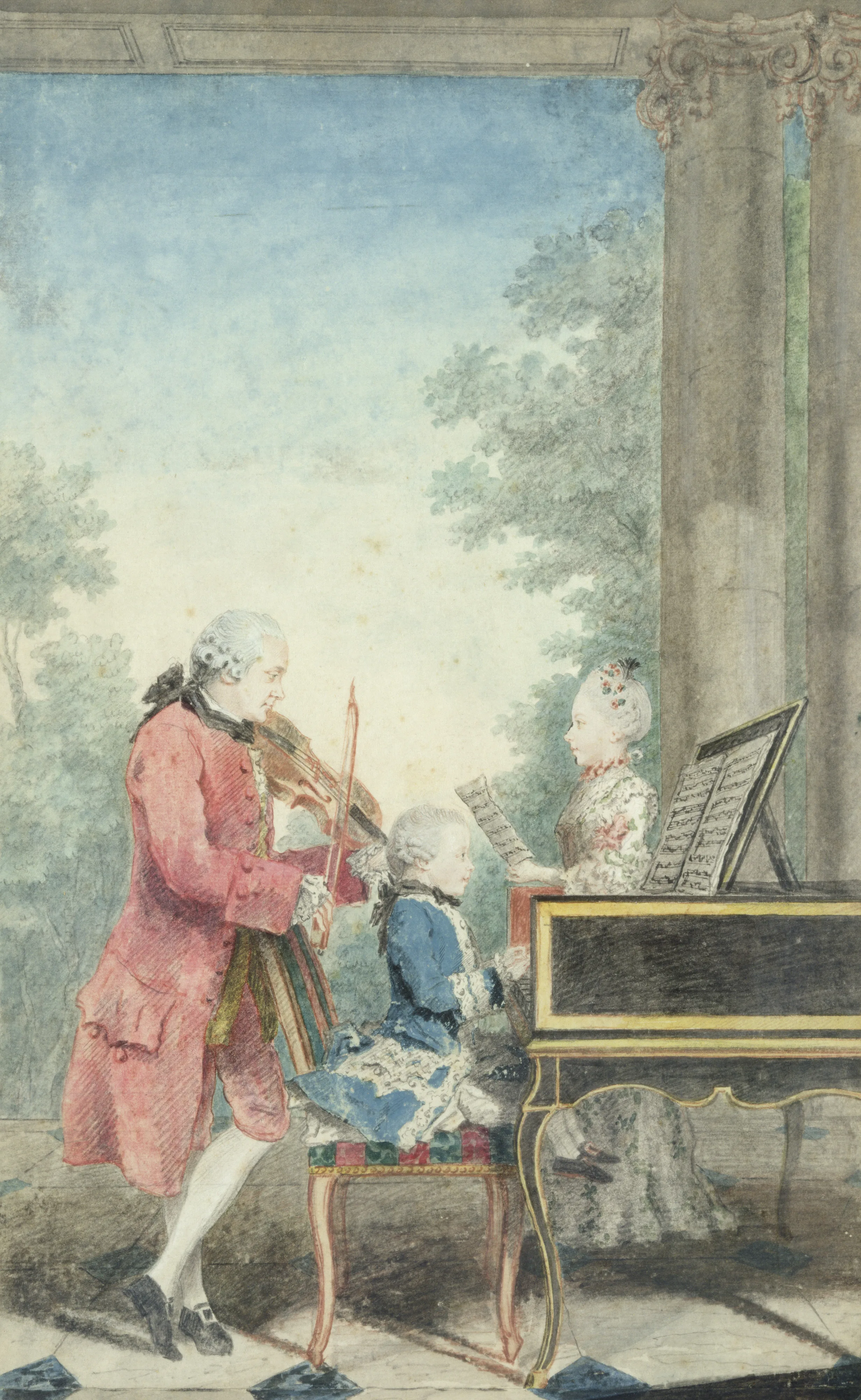 A classical scene depicting a man playing the violin while two children sit at a piano, surrounded by greenery and architectural details.