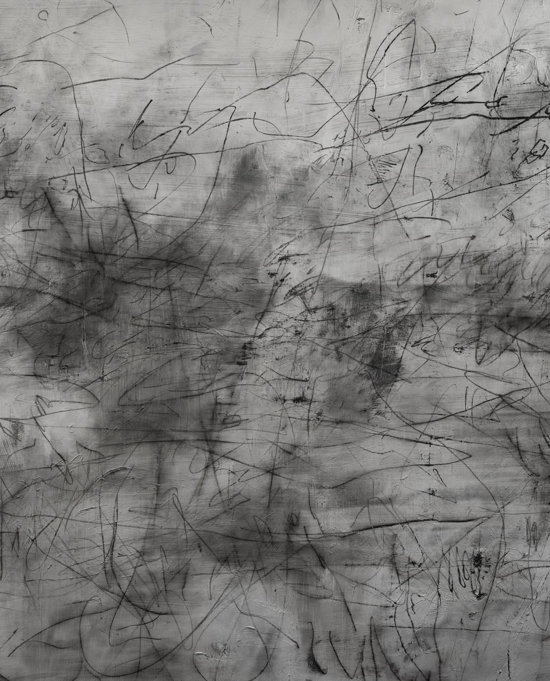 Abstract artwork featuring chaotic lines and textures in shades of black and grey.