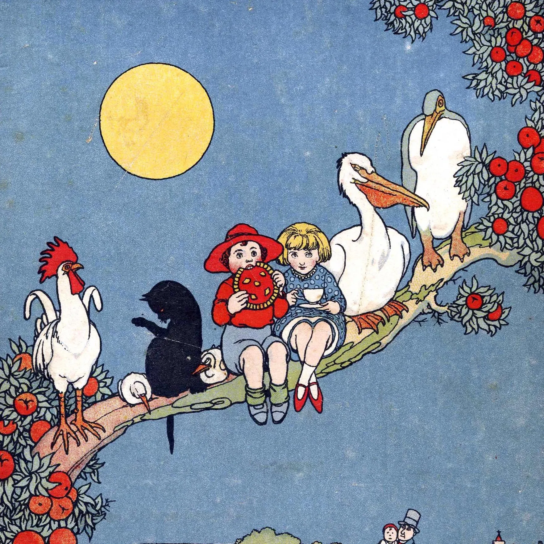 Children sitting on a tree branch surrounded by animals, including a rooster, a black cat, and a stork, with a bright full moon in the sky and details of red apples on the branches.
