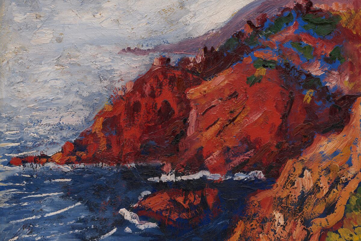 A vibrant oil painting depicting a coastal landscape with red rocky cliffs, a turbulent sea, and cloudy skies. The texture of the brush strokes emphasizes the movement of water and the rugged terrain. | 2026 Hauser & Wirth London