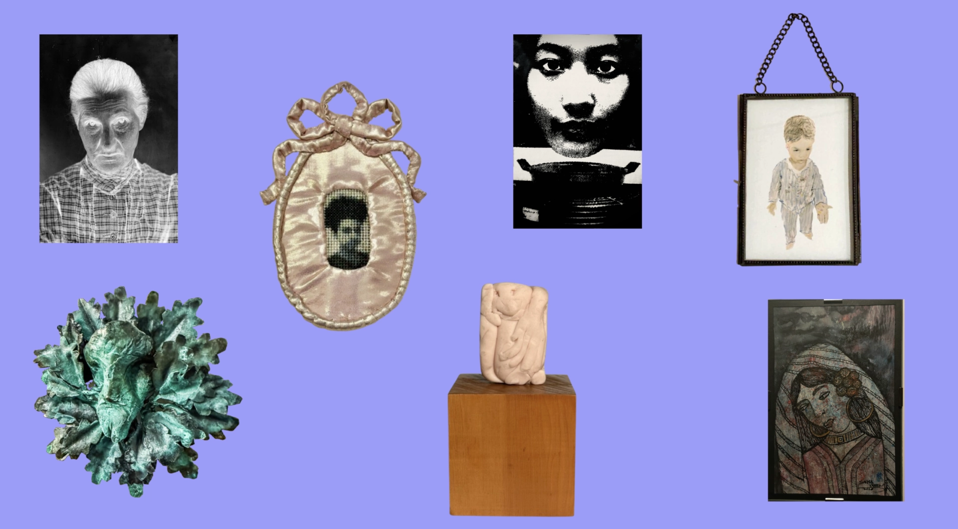 A collage of various artistic pieces, including portraits, a decorative mirror, sculptures, and a framed photograph against a lavender background. | 2026 hARTslane