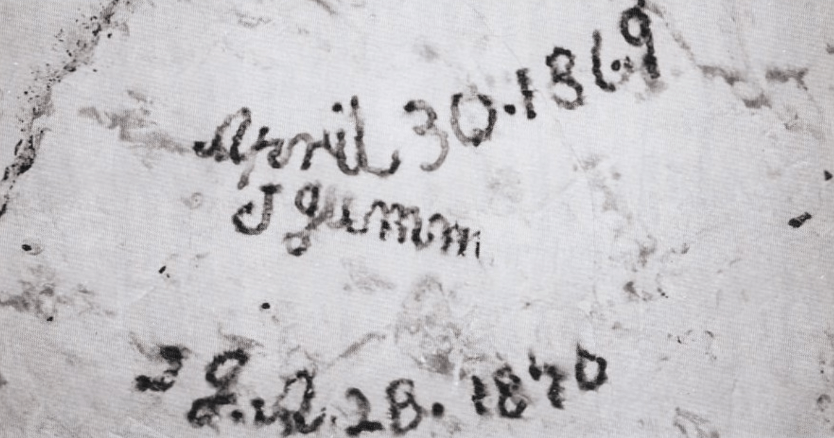 The image shows inscriptions on a surface, including "Avril 30 1869," "J. Guimon," and "29.A.28.1870."