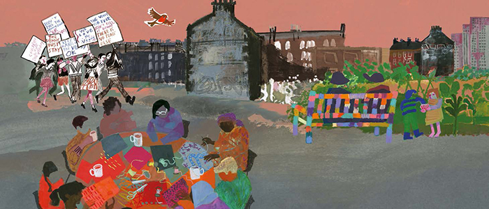 A colorful illustration depicting a diverse group of people gathered together, some holding signs and others engaged in activities. The background features buildings and greenery with a warm, pinkish sky.