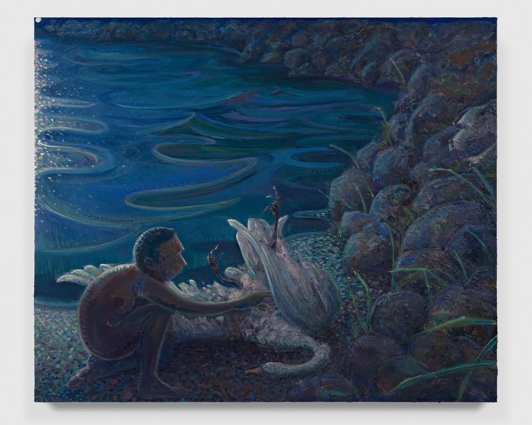 An empty art gallery with white walls, featuring a painting of a landscape on one wall and a small rectangular artwork on another. A set of stair-like steps made of cardboard leads to an upper level.